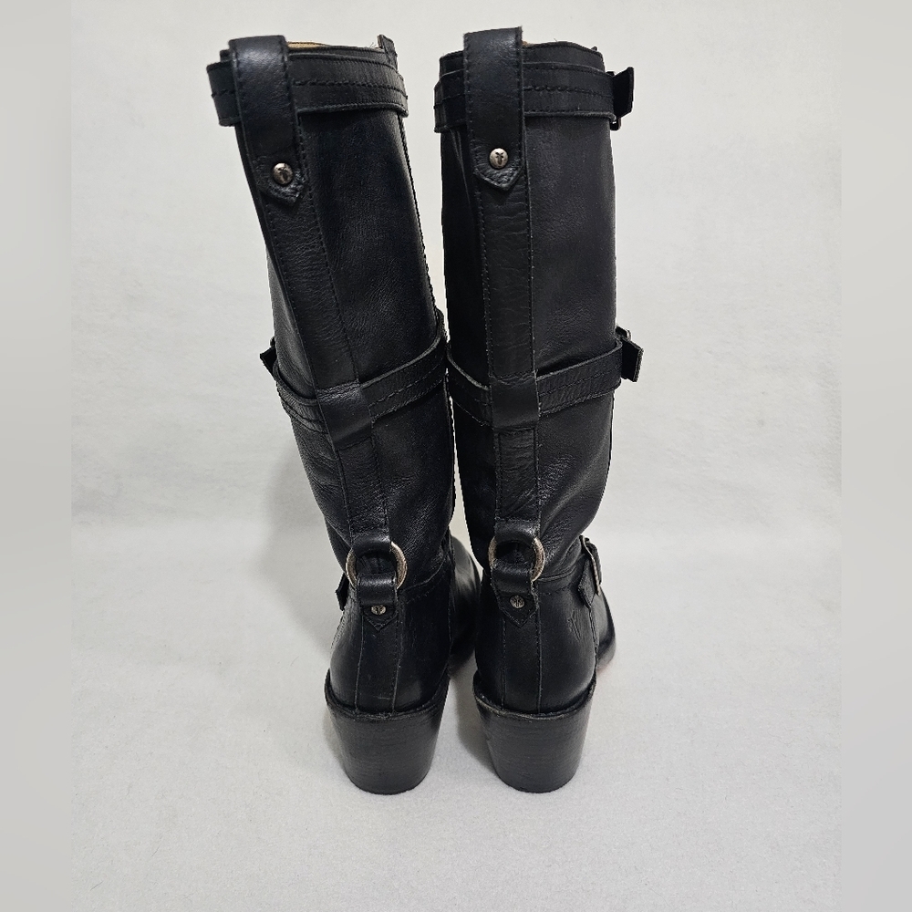 Frye Carmen Black Leather Buckle Accent Boots - Picture 4 of 7